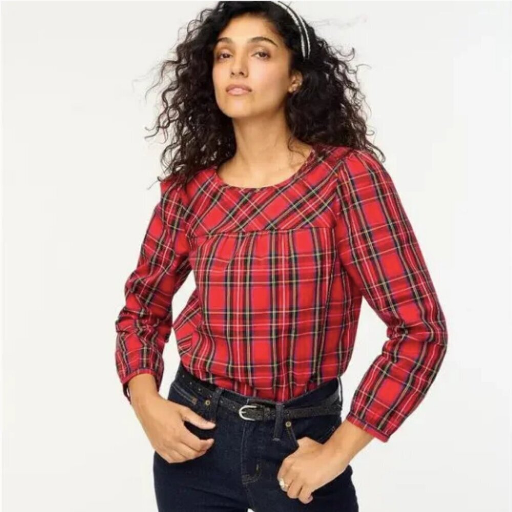 J.CREW Tartan Cotton Poplin Top Plaid Red Holiday Christmas PXS Stretch Petite